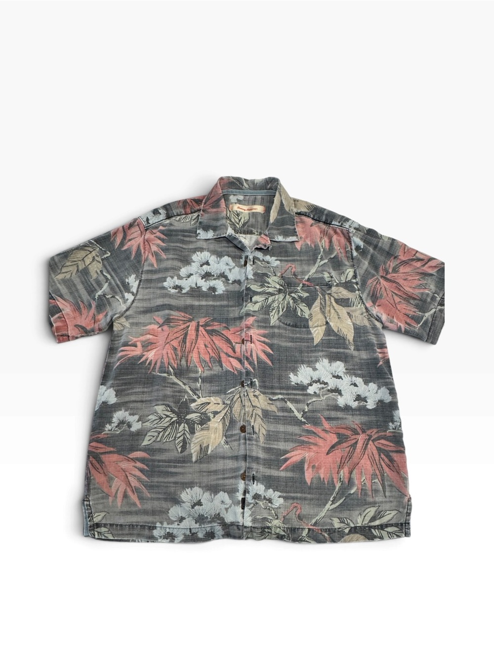 Tommy Bahama Gray Short-Sleeve Hawaiian Shirt Jacket with Coral and Cream Leaves